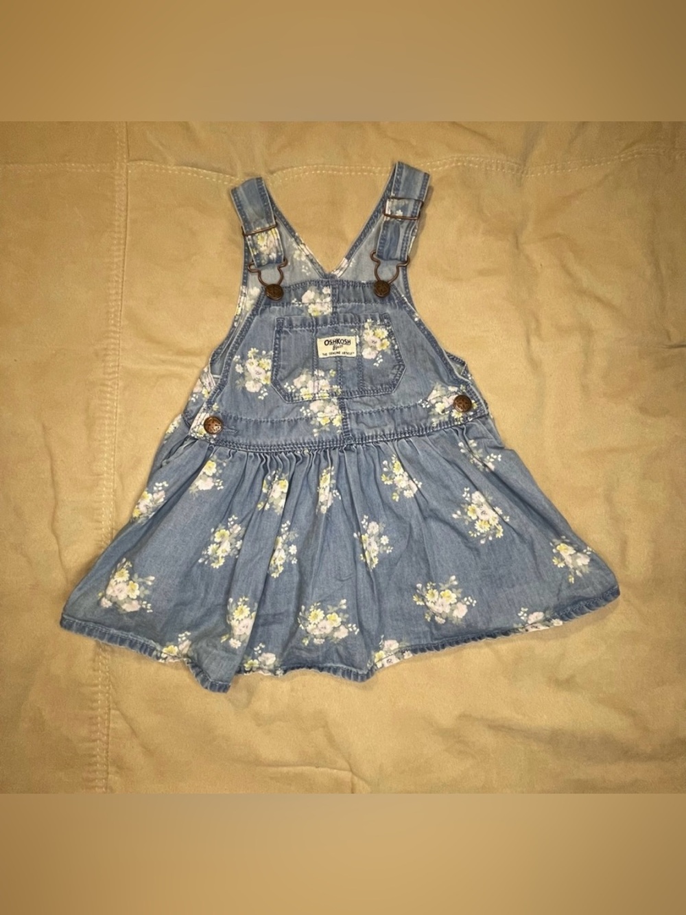 OshKosh B'gosh Toddler Girls 2T Floral Denim Overall Dress Vestbak Blue Rose